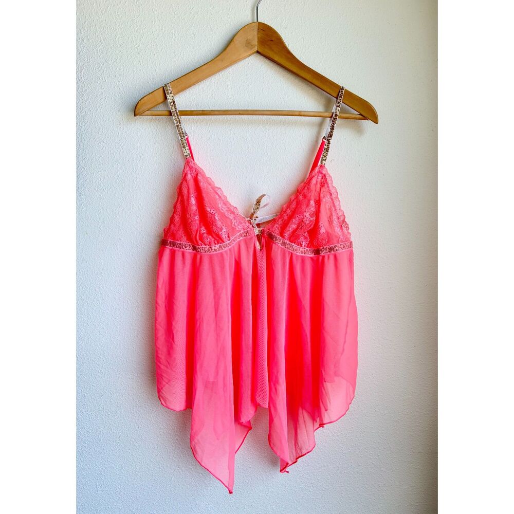 VICTORIA'S SECRET Neon Pink Sheer Flyaway Lingerie Babydoll Cami Womens Large